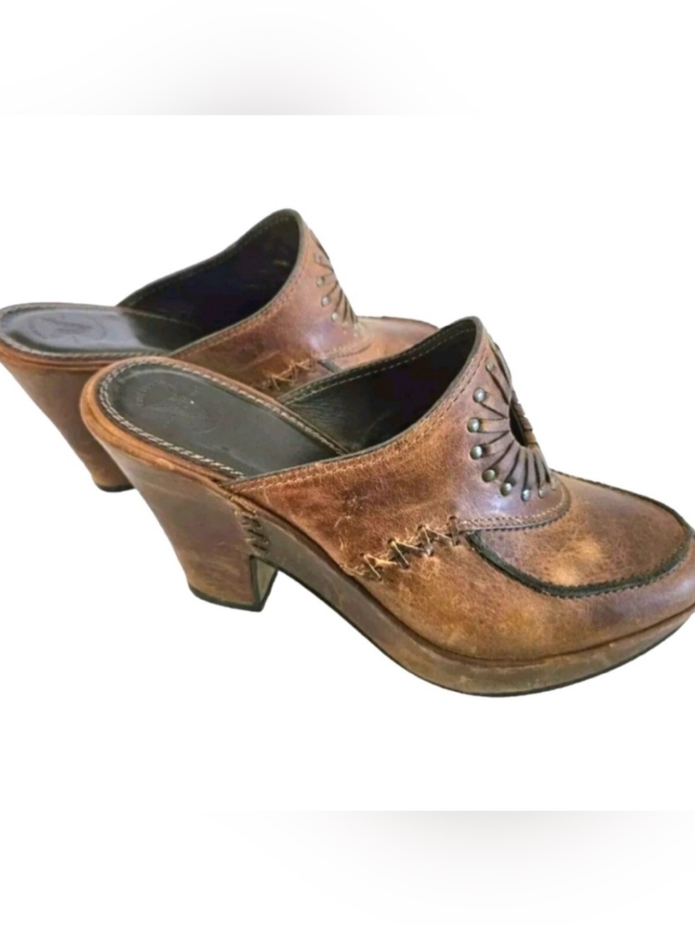 FRYE Vintage Ingrid Apron Distressed Leather Mules Clogs Brown 6.5B Brazil
